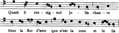 [Illustration: Quant�li�rossignol�jolis�| chante
 Seur�la�flor�d'este�| que�n'est�la�rose�et�le�lis]