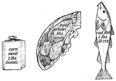 FIG. 29.&mdash;Diagram showing the difference in the cost of three foods which give about the same amount of nutrition each.