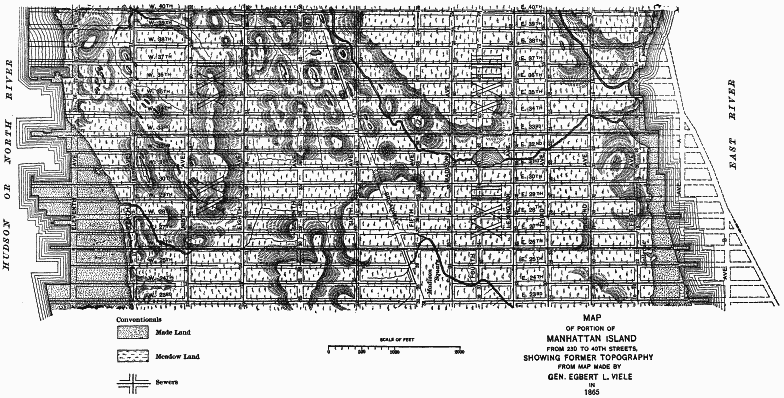 PLATE IX.&mdash;Map of Portion of Manhattan Island from 23d to 40th Streets, Showing Former Topography From Map Made by Gen. Egbert L. Viele in 1865