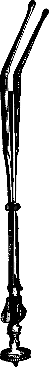 Illustration:
Fig. 3. THE UTERINE DILATOR. This instrument is introduced into the canal
of the uterine neck with its blades closed. By means of the thumb-screw the
blades are then separated as shown in this illustration, the cervical canal
being thereby dilated to the required extent.