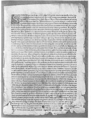 Facsimile of the first page of the folio (first) edition
of the Spanish text of Columbus's letter to Santangel, describing his
first voyage, dated February 15, 1493. From the original (unique) in the
New York Public Library (Lenox Building). Facsimile of the first page of the folio (first) edition
of the Spanish text of Columbus's letter to Santangel, describing his
first voyage, dated February 15, 1493. From the original (unique) in the
New York Public Library (Lenox Building).