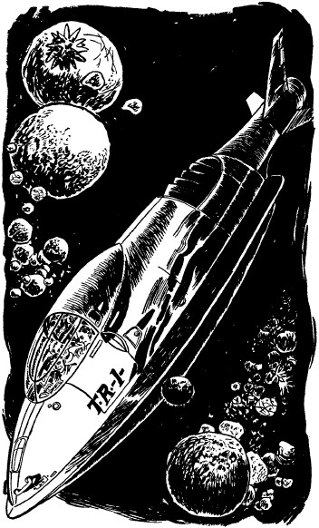 _The speedy little ship shot ahead of the fleet toward
the gigantic mass of asteroids_