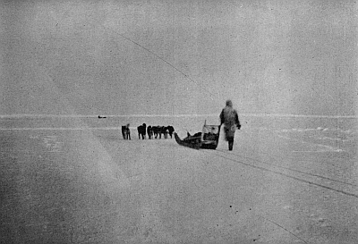 CROSSING A LARGE LAKE OF YOUNG ICE, NORTH OF 87&deg;