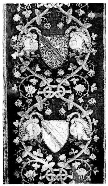 Plate V.&mdash;A portion of a late XVth Century Orphrey,
embroidered with the arms of Henry Stafford, Duke of Buckingham.