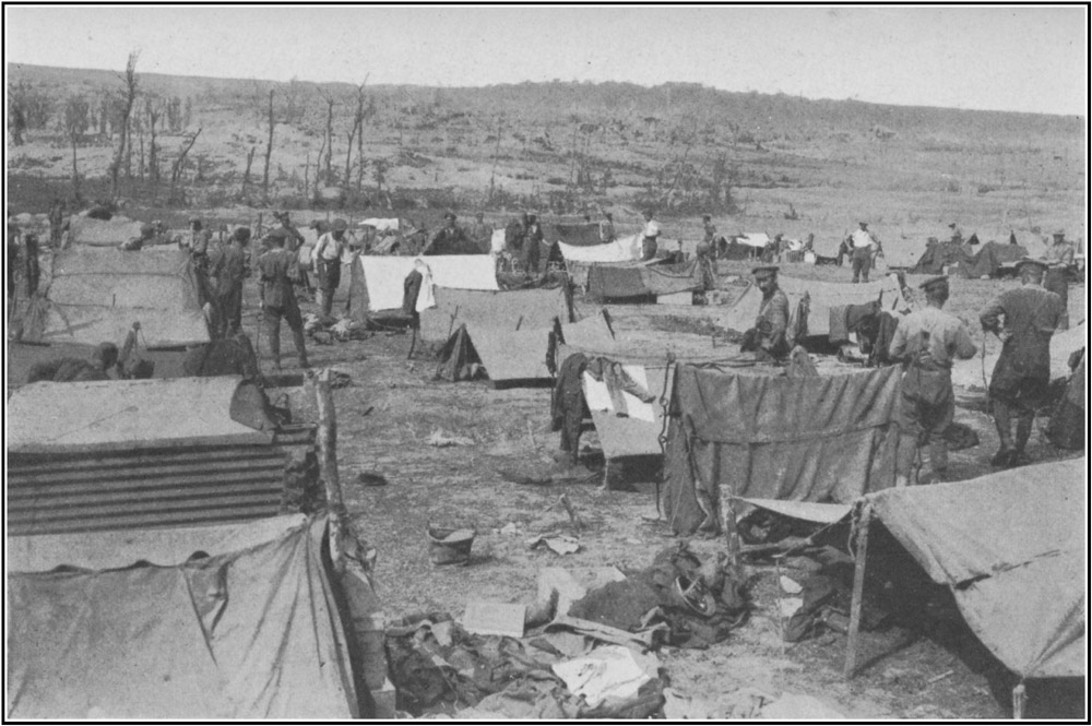 Looking at Fricourt and Fricourt Wood. Troops bivouac
for a Short Rest under Ground Sheets laced together