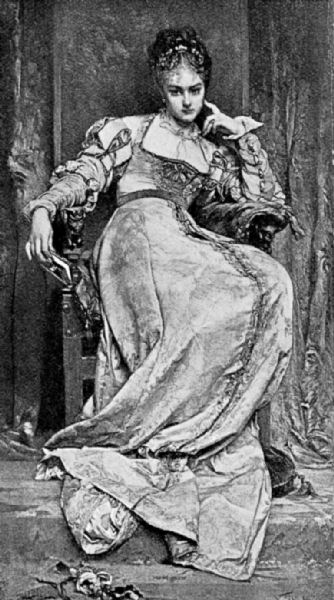 A well-dressed woman reposes in a high-backed wooden chair. The small part
of the room visible seems sumptuously appointed, with rich curtains behind the
woman. She rests her left elbow on the chair arm, one fingertip touching the side
of her face, while the other arm hangs over the chair arm, the hand limply holding
a small book.