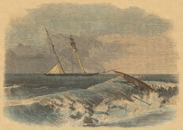 A ship sails onwards, while nearby a rowing boat overturns in the waves, tipping
the occupants into the sea