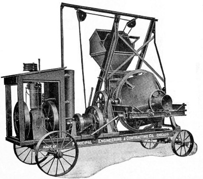 Fig. 19.&mdash;Chicago Improved Cube Concrete Mixer with
Elevating Charging Hopper.