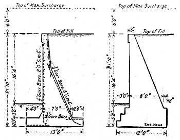 Fig. 99.&mdash;Comparison of Plain and Reinforced Sections for
Retaining Wall (F. F. Sinks).