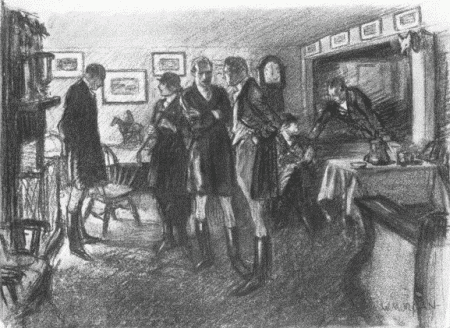 In this charming, homelike old building, with its grandfather's clock, its Windsor chairs, and
its open wood fires, a visitor finds it hard to realize that he is in the "west"