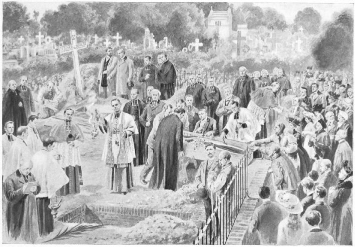 Exhumation de la Servante de Dieu, Th�r�se de
l'Enfant-J�sus. (6 septembre 1910.)
Apr�s avoir retir� le cercueil de l'ancienne tombe o� l'on voit la
croix, S. G. Mgr Lemonnier, �v�que de Bayeux et Lisieux, b�nit la
nouvelle tombe et permet � la foule de d�nier devant le cercueil. Mgr de
Teil, Vice-Postulateur, �crit, le proc�s-verbal; � ses pieds on voit la
palme retrouv�e intacte.