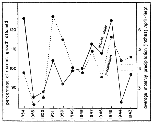 Fig. 12. The relation of growth rate in Terrapene o. ornata (solid line)
to precipitation