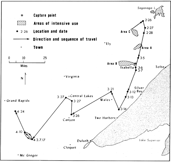 Figure 20.&mdash;Dispersal of wolf 1051. Lines merely
indicate sequence of locations. Only selected lakes are shown.