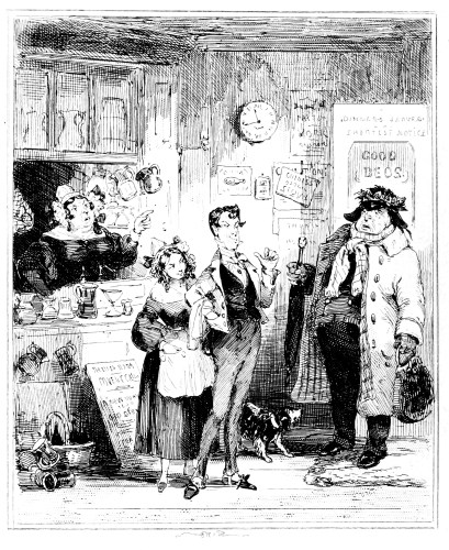 FRONTISPIECE.
The Man with the Carpet Bag.

“In an instant the smile of the hostess turned to a frown, and, without
further explanation, she exclaimed, looking over the bar at the same
time at my unfortunate carpet-bag, ‘No, sir; we have no room; it won’t
do here’.”