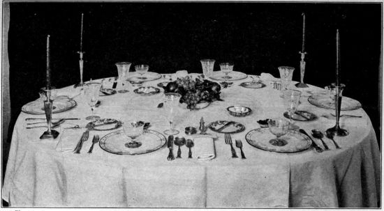 Photo by Bradley and Merrill. Courtesy of the Pictorial
Review.

TABLE SET FOR DINNER

The decoration in the center of the table should never be so high as to
form an obstruction